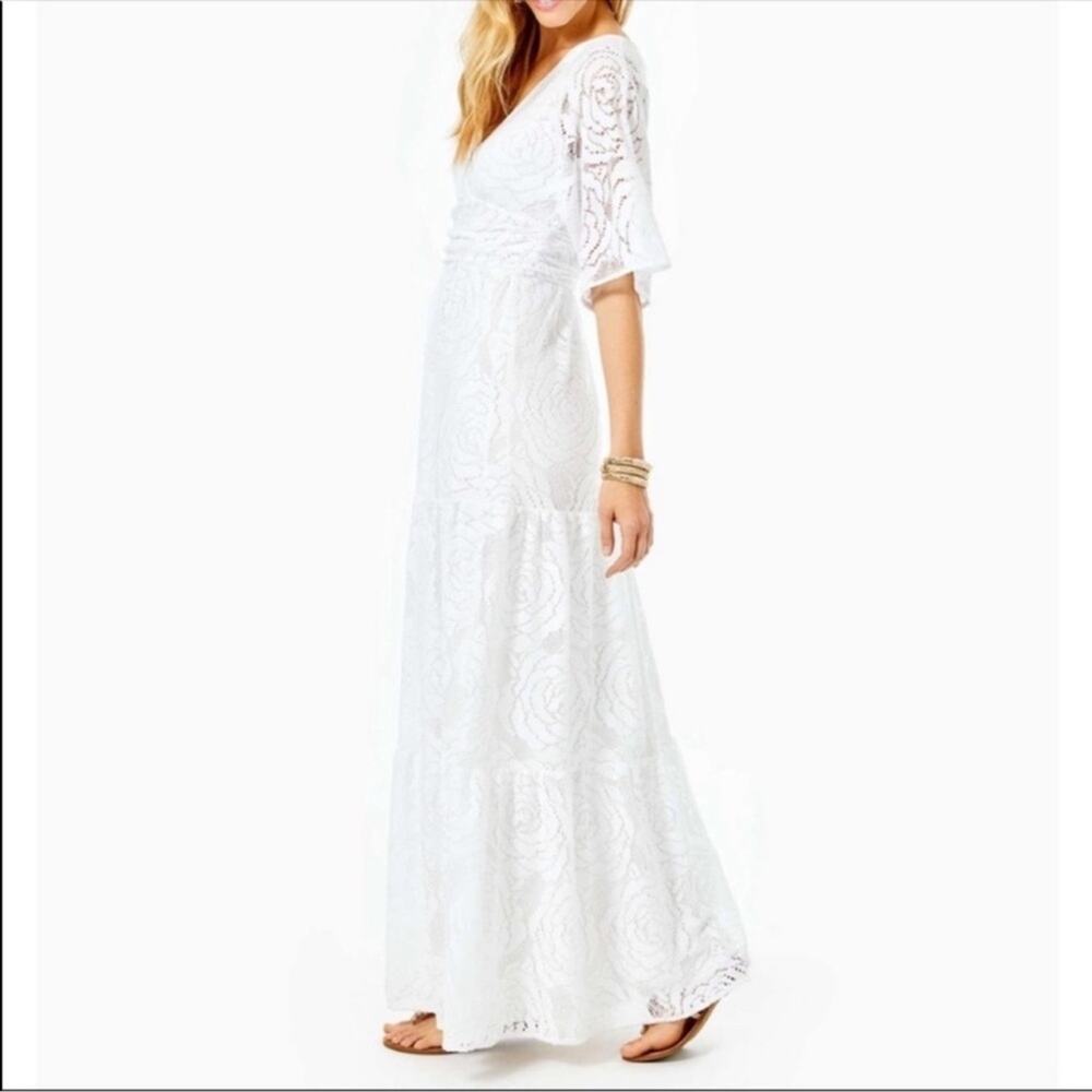 New Lilly Pulitzer Parigi Maxi Dress Resort White Bungalow Blossom Lace Womens L
